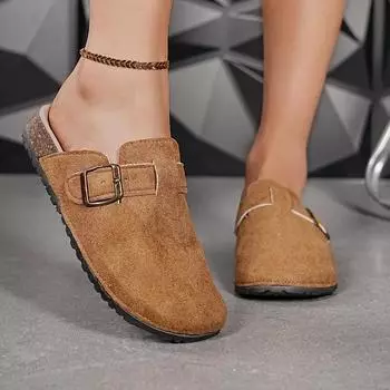 Лето 2025 года, новые классические женские тапочки с закрытым носком, уличные тапочки на плоской подошве с круглым носком и пряжкой, повседневные и повседневные сандалии 36 хаки