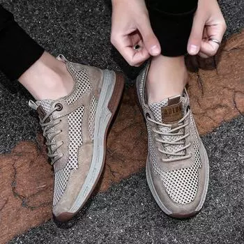 Лето 2025 года, новые кожаные сетчатые мужские туфли из свиной кожи, повседневные, освежающие, дышащие, для путешествий, модные, спортивные, мужские туфли 38 песочный