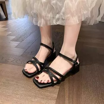 Лето 2025 года, новые квадратные босоножки с одним словом и пряжкой, модные, большого размера, универсальные, женские, на толстом каблуке 35 чёрный