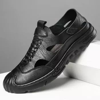 Лето 2025 года, новые мужские сандалии из кожи ручной работы, полые дышащие туфли с отверстиями, мягкая кожаная подошва 6629 38 коричневый