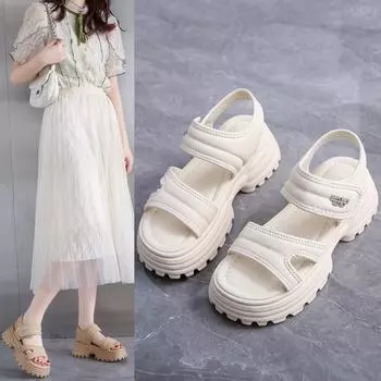 Лето 2025 года, новые повседневные сандалии на платформе, женская модная тенденция с римской женской обувью, пляжная обувь на липучках 35 бежевый