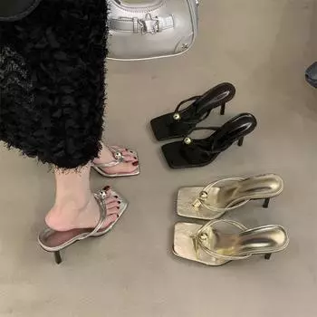 Лето 2025 года, новые шлепанцы на высоком каблуке, туфли-феи, французские туфли на шпильке с юбкой, серебристые босоножки с антресольным носком 35 чёрный