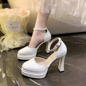 Лето 2025 года, новые женские босоножки на высоком каблуке с круглым носком и однословной пряжкой 35