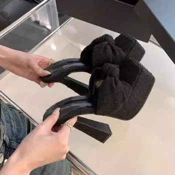 Лето 2025 года, новый стиль, однотонные женские тапочки большого размера с толстым каблуком и квадратной головкой 34 чёрный