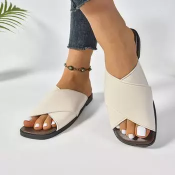 Лето 2025 года, полые плоские тапочки с мягким носком для женщин, корейская версия, ленивые тапочки с круглым носком для женщин, сандалии для отдыха на открытом воздухе 35 белый