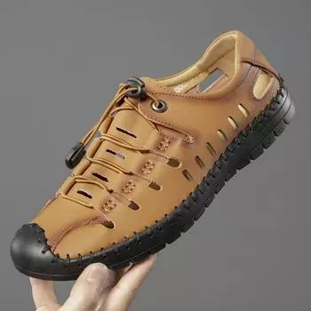 Лето 2025 года, популярные мужские повседневные кожаные туфли, мужские сшитые вручную мягкие кожаные туфли с мягкой подошвой и отверстиями, кожаные сандалии 6086-1 38 чёрный