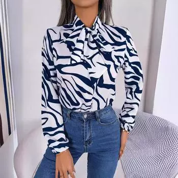 Лето 2025 года TUEN новый бант с длинными рукавами элегантный полосатый топ рубашки S синий