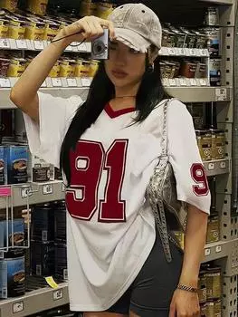 Лето 2025 Новая Ретро Футболка с принтом №91 для Женщин, Спортивный футбольный костюм с V-образным вырезом и коротким рукавом, Свободный топ XS