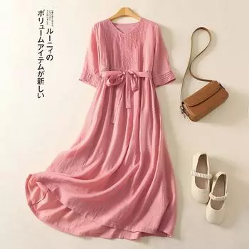 Лето 2025 новое однотонное хлопково-льняное платье средней длины для детей, свежее платье на шнуровке на талии с V-образным вырезом и короткими рукавами M