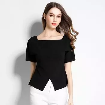 Лето 2025 Новое поступление Женская приталенная футболка с коротким рукавом Элегантная универсальная для работы Плюс размер Минималистичный топ футболка Short-sleeved one-word collar black M