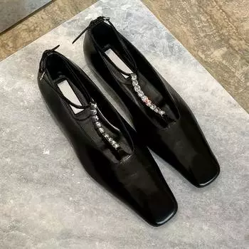 Лето 2025 Новые Черные Женские Туфли Мэри Джейн Квадратный Носок Плоский Т-образная Пряжка Цепочка со Стразами Элегантные Платье Женские Мелкие Одинарные Туфли 35