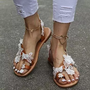Лето 2025 Новые кружевные пляжные сандалии с цветочным принтом женские с открытым носком большие размеры 41-43 плоские женские сандалии 35 коричневый