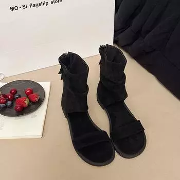 Лето 2025 новые повседневные сандалии с открытым носком ретро обувь ручной работы плоская подошва полые универсальные женские крутые ботинки 35 чёрный