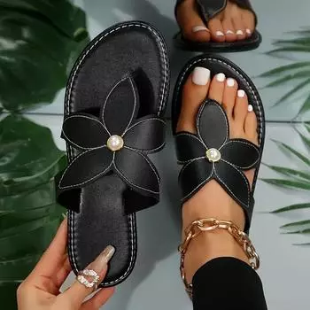 Лето 2025 Новые сандалии на плоской подошве с круглым носком, тапочки с металлическим жемчугом и цветочным узором для женщин 36 чёрный