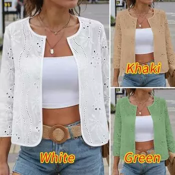 Лето 2025 Повседневные рубашки-кардиганы Праздничная мода Рукав 3/4 Элегантные кимоно Вышитые женские топы-накидки S белый
