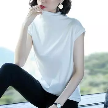 Лето 2025 Женская Модная Свободная Футболка с Коротким Рукавом и Полувысоким Воротником 2XL