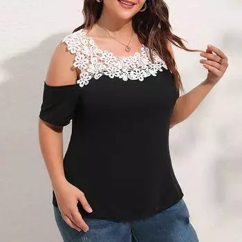 Лето 4XL, простая кружевная лоскутная рубашка с открытыми плечами, женская блузка 2023, топы с короткими рукавами и открытыми цветами, повседневная женская футболка 28059 3XS чёрный