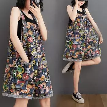 Лето больших размеров Летние джинсы больших размеров в стиле ретро Женские джинсовые шорты с принтом на бретелях Женские L