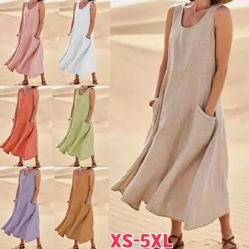 Лето большого размера, женская мода, однотонное свободное платье, повседневное хлопково-льняное топ без рукавов, крутое пляжное платье с круглым вырезом S белый