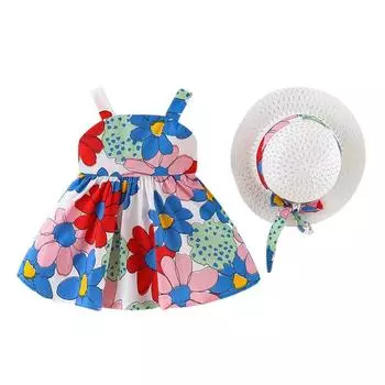 Лето для маленьких девочек, детское шикарное милое пляжное платье с открытой спиной, бантом и цветочным принтом, юбка с подтяжками и цветочным принтом, платье в комплекте со шляпой 9