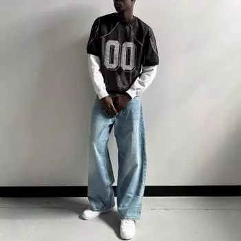 Лето европейское и американское Нет. 0 джерси сетчатая свободная повседневная мужская и женская дышащая спортивная одежда с цифровой печатью S чёрный