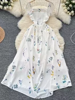 Лето Франция Винтаж Старший Элегантное Платье Женщин Дизайн Квадратный Вырез Талия Печать Одежда Женский Slim Fit Модные Шикарные Платья Новые S абрикосовый