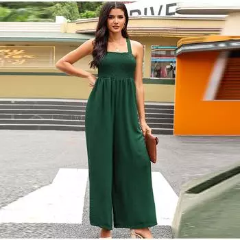 Лето и осень Чистый цвет Женский сексуальный подтяжки без рукавов комбинезон Широкие брюки Офисная работа Дамский комбинезон S зелёный