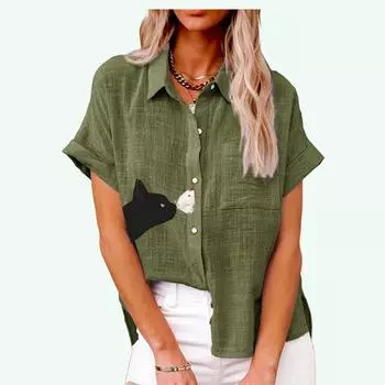 Лето и осень модный топ с лацканами для женщин футболка с короткими рукавами и принтом кота повседневные льняные блузки с карманами S белый