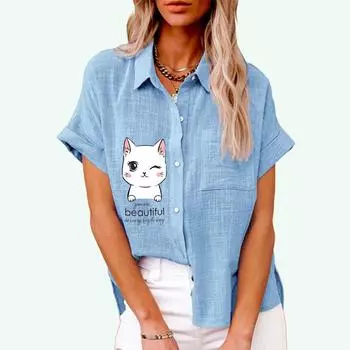 Лето и осень модный топ с лацканами для женщин футболка с короткими рукавами и принтом кота повседневные льняные блузки с карманами S белый