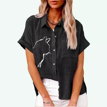 Лето и осень модный топ с лацканами для женщин футболка с короткими рукавами и принтом кота повседневные льняные блузки с карманами S белый