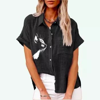 Лето и осень модный топ с лацканами для женщин футболка с короткими рукавами и принтом кота повседневные льняные блузки с карманами S белый
