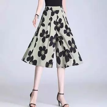 Лето Новая Мода Простые Элегантные Брюки Широкие из Шифона с Высокой Посадкой Женские Принт Карманы Свободные Повседневные Прямые Тонкие Цветочные Юбки L зелёный