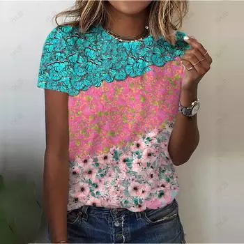 Лето Новая Популярная Футболка с Принтом и Круглым Вырезом Удобная Базовая Модная Женская Уличная Повседневная с Коротким Рукавом XS