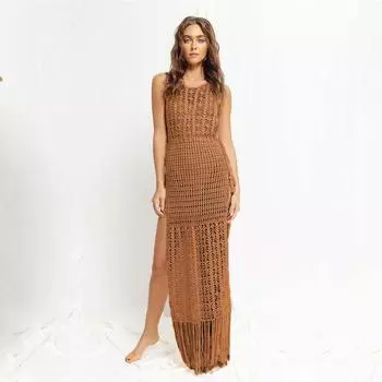 Лето Новое Бикини Прикрытие Сексуальное Вязание Крючком Полое Вязаное Платье С Открытой Спиной Бахромой Повседневная Длинная Юбка Для Отдыха Женские Пляжные Летние Купальники Прикрыть A1289 one size коричневый