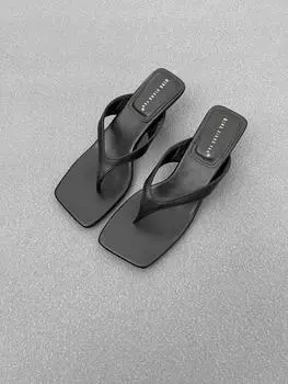 Лето Новые Мягкая Кожа Квадратный Носок Кот со Шлепанцами Женская Мода Тонкий Ремешок Тонкий Каблук Мягкая Подошва Шлепанцы Sandalias Mujer 35