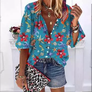 Лето-осень 2023, новые модные женские топы, повседневная рубашка с короткими рукавами и принтом «Морской мир», большие размеры, рубашка на пуговицах с объемными рукавами XS синий