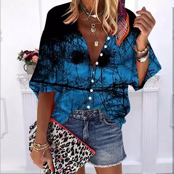 Лето-осень 2023, новые модные женские топы, синие веревочные принты с короткими рукавами, повседневная рубашка больших размеров на пуговицах с объемными рукавами XS синий
