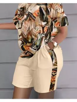 Лето Осень 3D Принт Женские Свободные Спортивные Костюмы Круглый Вырез Короткий Рукав Топ Шорты Комплект Из Двух Частей S