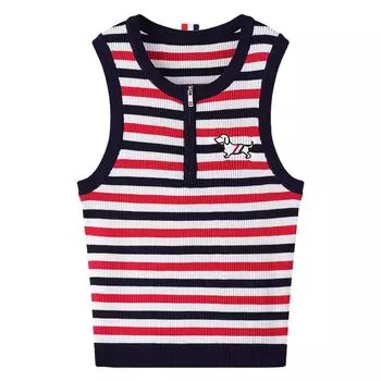 Лето Осень Дизайнер Студент Мультфильм Вышивка Собака Вязаный Полосатый Свитер Майка Жилет Женщины Мода Молния Топы One Size красный