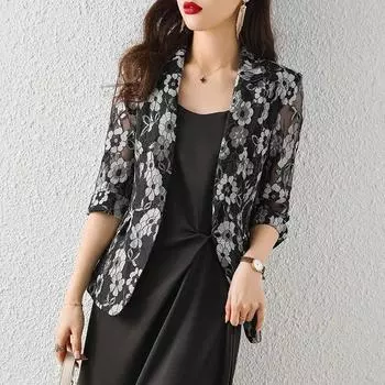 Лето-осень для отдыха, кружевной костюм с семью рукавами, пиджаки, пиджаки с зубчатым принтом, женские пиджаки и куртки M синий