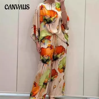 Лето Осень Элегантный Один Вырез Свободный Напечатанный Рукав Летучая Мышь Брюки Костюм S синий