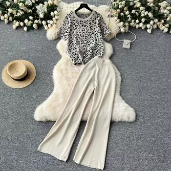 Лето-Осень Леопардовый принт Вязаный свитер Комплект Женский короткий рукав пуловер Топы + щиколотки брюки из двух частей спортивный костюм One Size абрикосовый