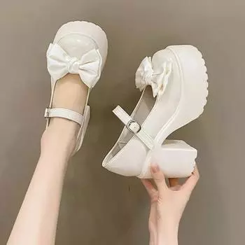 Лето/Осень мода новые однотонные банты бант элегантные на толстой подошве пряжки круглый носок износостойкие женские туфли на высоком каблуке 35