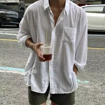 Лето Осень Мужская Рубашка Тонкий Однотонный Цвет Отложной Воротник Длинные Рукава Застежка На Пуговицах Свободный Кардиган Нагрудный Карман Средняя Длина Повседневный M чёрный