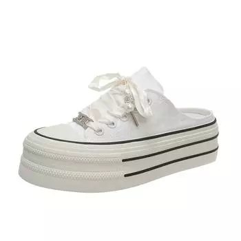 Лето Осень Новые Женские Парусиновые Туфли Baotou Полутапочки Толстая Подошва Увеличение Роста Без Каблука Ленивые Женские Кроссовки 35