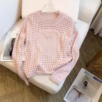 Лето Осень Повседневный Дамский Элегантный Ажурный Розовый Топы Женский Модный Весенний Свободный Трикотажный Сетчатый Тонкий Пуловер Женский свитер One Size