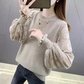 Лето-Осень Пуловер с розой, женский свитер с длинным рукавом, свободный круглый вырез, повседневный вязаный свитер, женский внутренний наряд one size fits all хаки