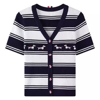 Лето Осень Студент Мультфильм Вышивка Собака Вязаный Полосатый Свитер Куртка Женская Мода Однобортный Джемперы Топы One Size темно-синий