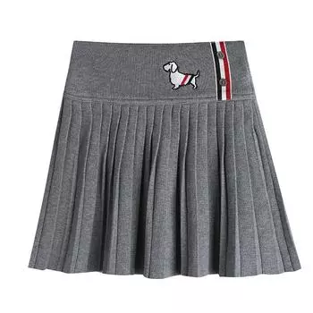 Лето Осень Женщины Вязаный свитер Плиссированная юбка Милая девочка Школа Мультфильм Вышивка Собака Мини Короткая юбка One Size чёрный
