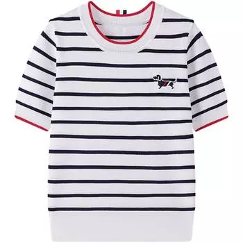 Лето Осень Женщины Вышивка Собака Вязаный Полосатый Свитер Пуловер Джемпер Топы One Size белый